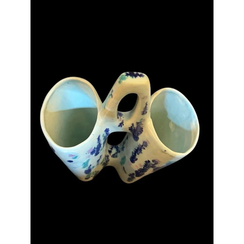 Vtg Splatter Double Wedding Vase Pottery Light Blue Green Hobbyist MCM Look 1980